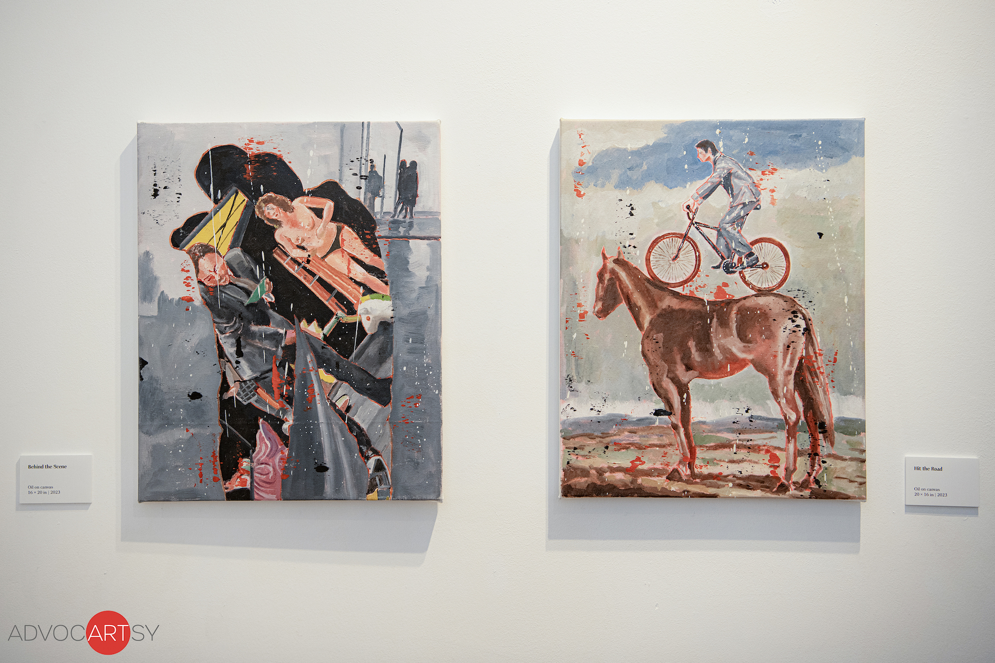 Installation shot of "Behind the Scene" and "Hit the Road," from Nicky Nodjoumi's Los Angeles art exhibit at ADVOCARTSY