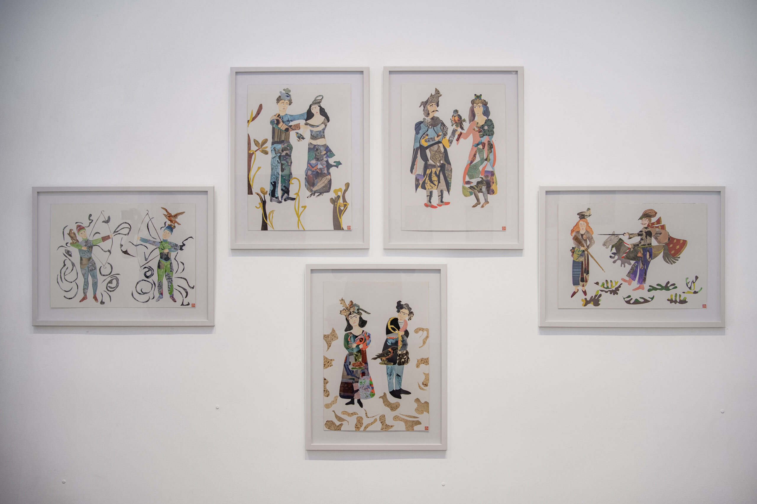 Installation from "Searching for Myself in the Forest of Bewitchment," featuring five watercolor and collage works on paper by Iranian artist Afsoon