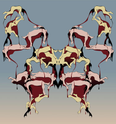 Digital print titled "Femicide," created by Parstou Forouhar. The artwork is 39.4 x 39.4 inches and features a butterfly-shaped cluster of female figures.