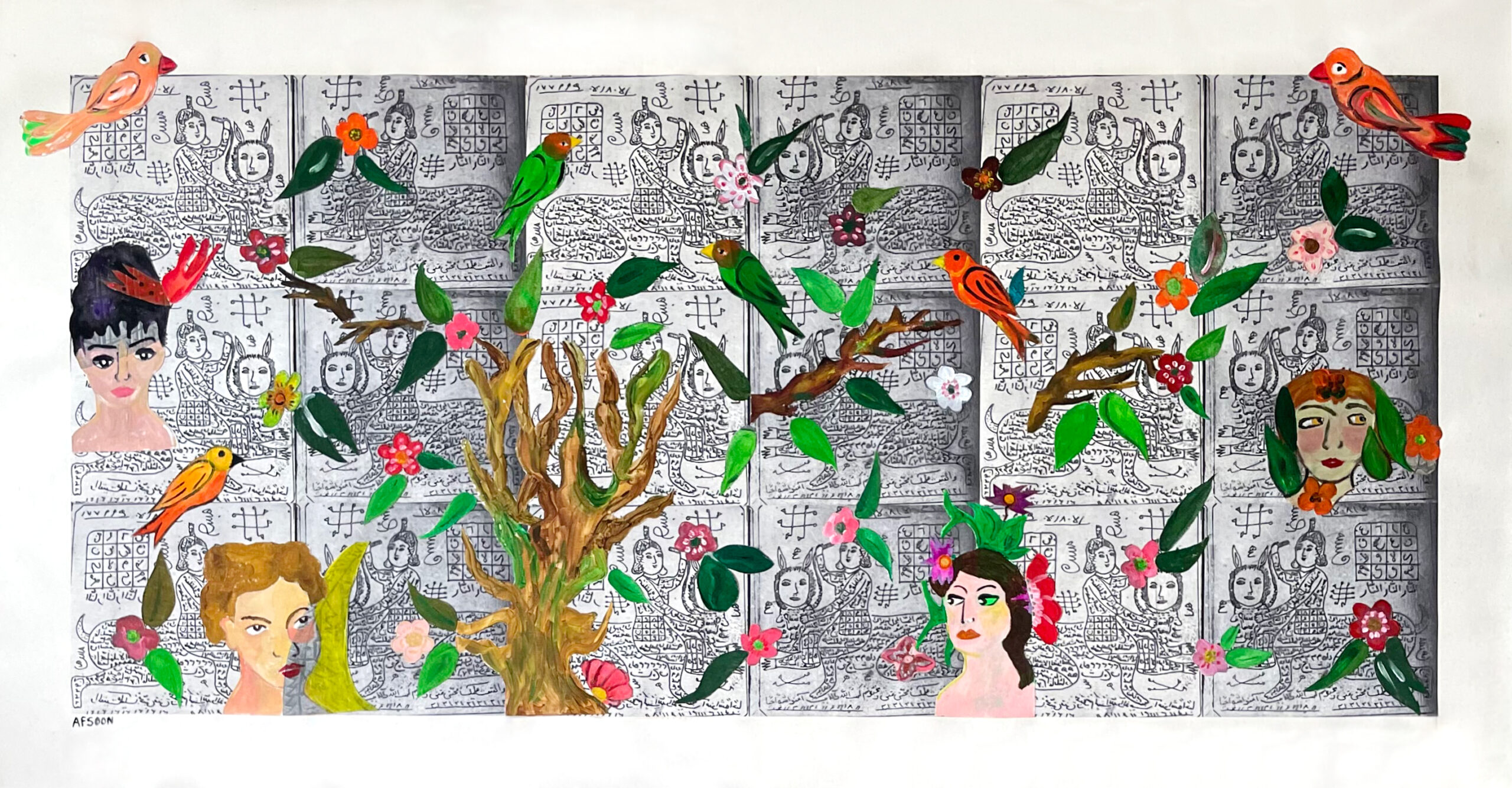 Artwork titled "The Forest of Bewitchment" attributed to Afsoon, Iranian contemporary artist. Acrylic on printed canvas; 35.5 x 67 inches. The painting is part of Afsoon's solo exhibition.