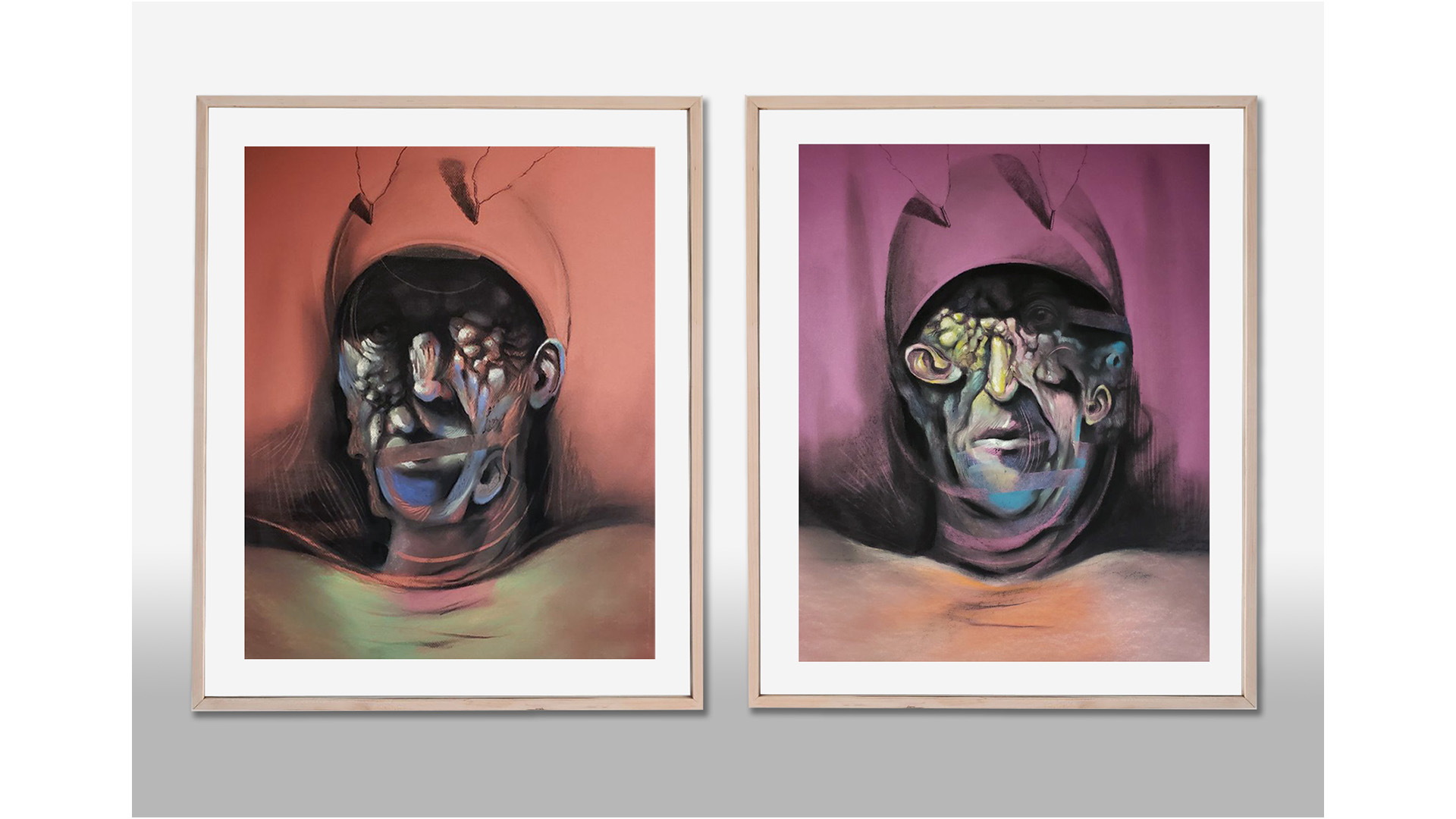 Pastel drawings on paper in a diptych formation, titled "Memories Transfigured II," and created by Pouya Afshar