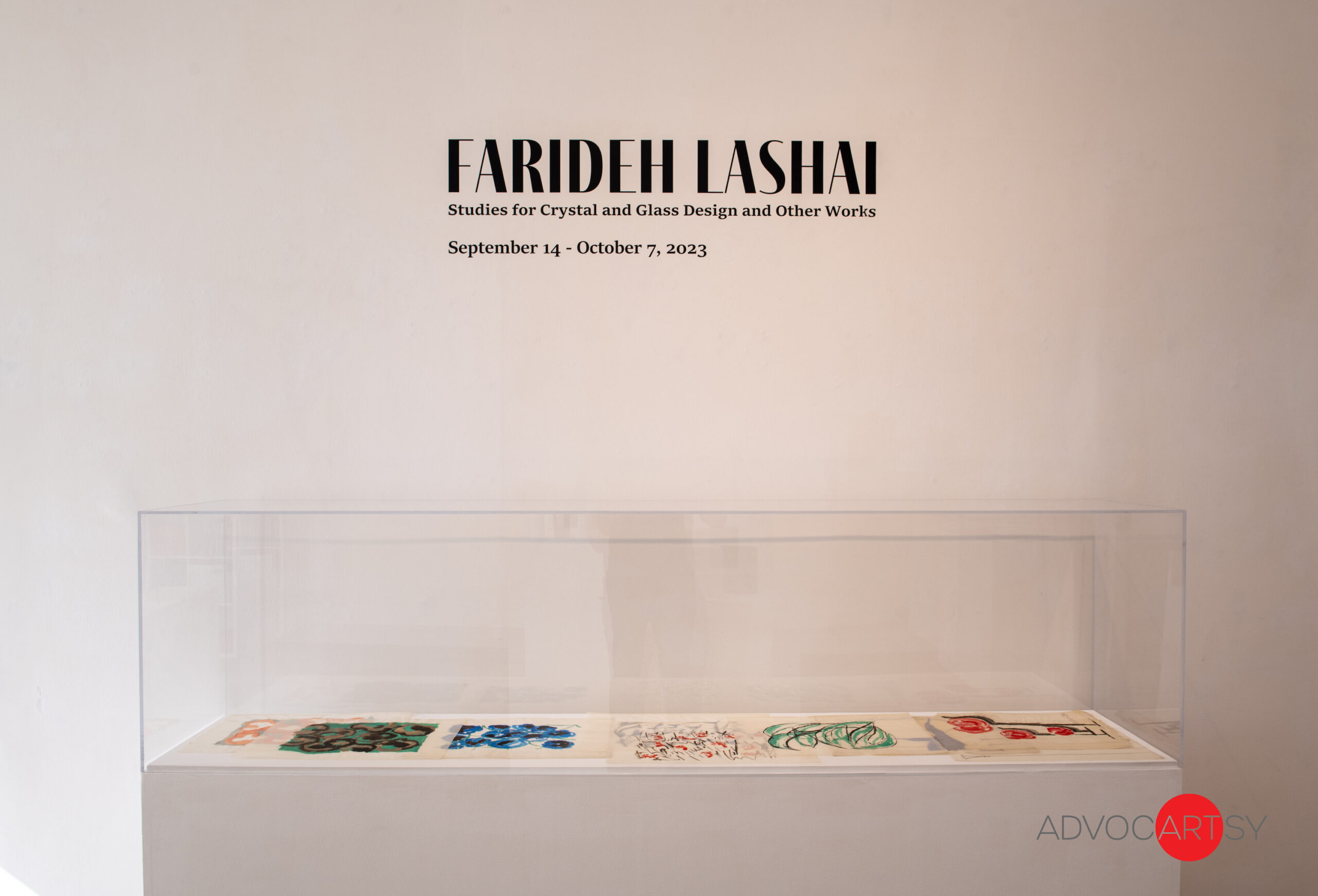The entrance to Farideh Lashai's show at ADVOCARTSY reads "Farideh Lashai...Studies for Crystal and Glass Design and Other Works...September 14 - October 7, 2023)."