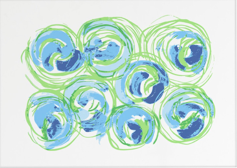 Study for crystal and glass vase designs created by Farideh Lashai. The silkscreen study features eight blue and green swirls.