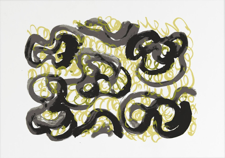 Image of Farideh Lashai's design. The silkscreen print features black organic lines and greenish-yellow squiggles