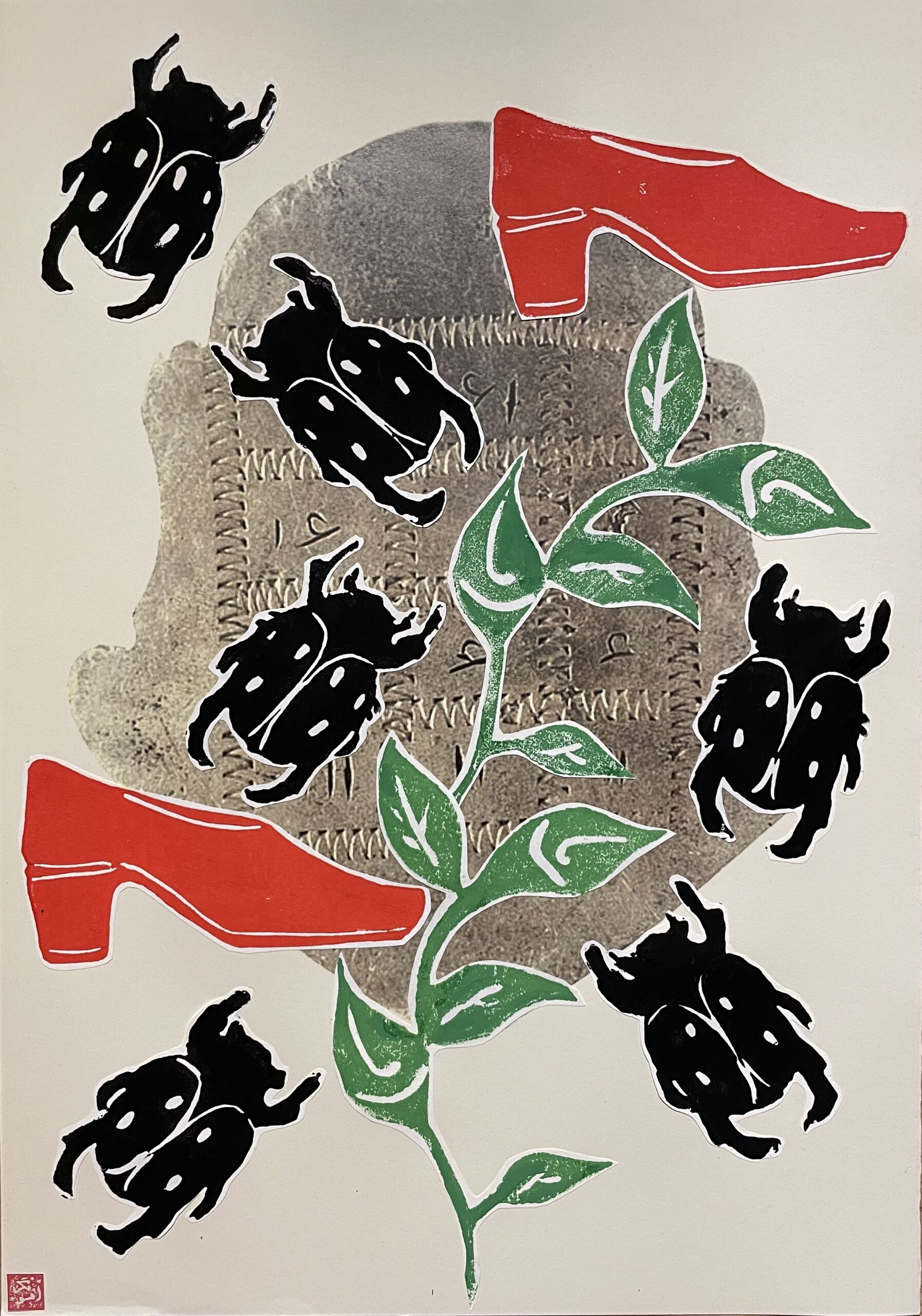 "Red Shoes," a linocut print layered with collage by Iranian artist Afsoon