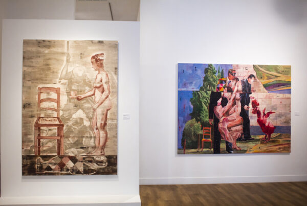 Installation shot of "Tear Gas and Tea in the Afternoon" and "Let's Talk," two oil paintings by Iranian artist Nicky Nodjoumi
