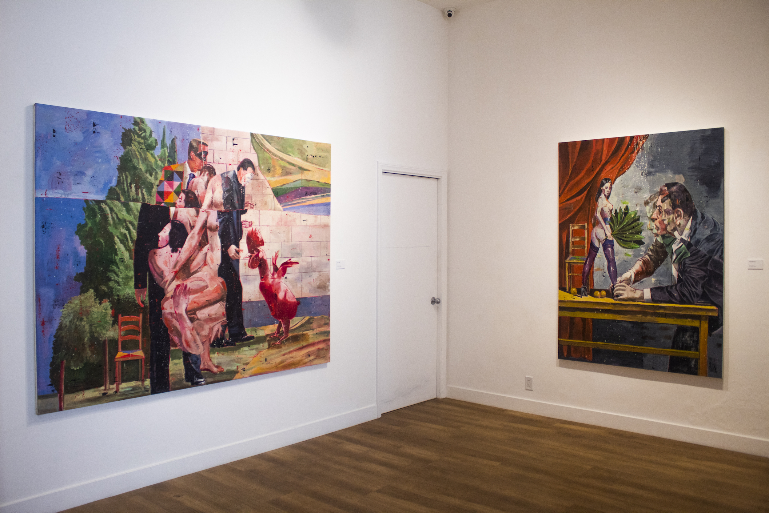 Installation shot of "Let's Talk" and "Multiple Faces," from Nicky Nodjoumi's Los Angeles art exhibit at ADVOCARTSY